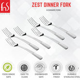 FnS Zest dinner fork set promotional image showing six forks with product features listed